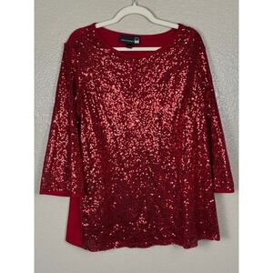 Antthony Red Sequin Top Women's Large Glam Statement Stretch Blouse